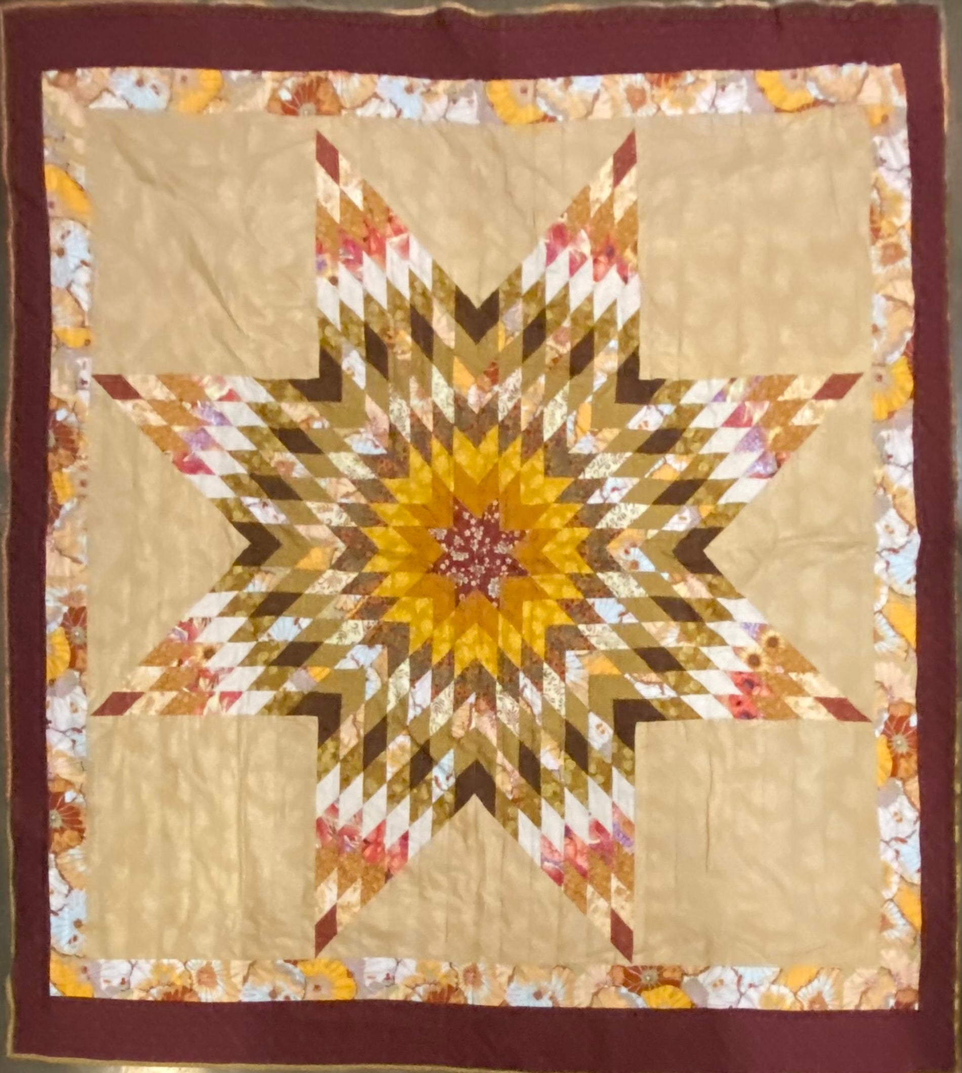 Cream and Maroon Full Sized Star Quilt Lakota Made